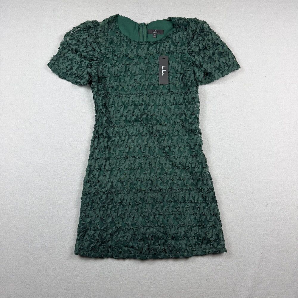 Lulus Womens XS Forest Green Floral Applique Mini Dress Puff Sleeve NWT Party